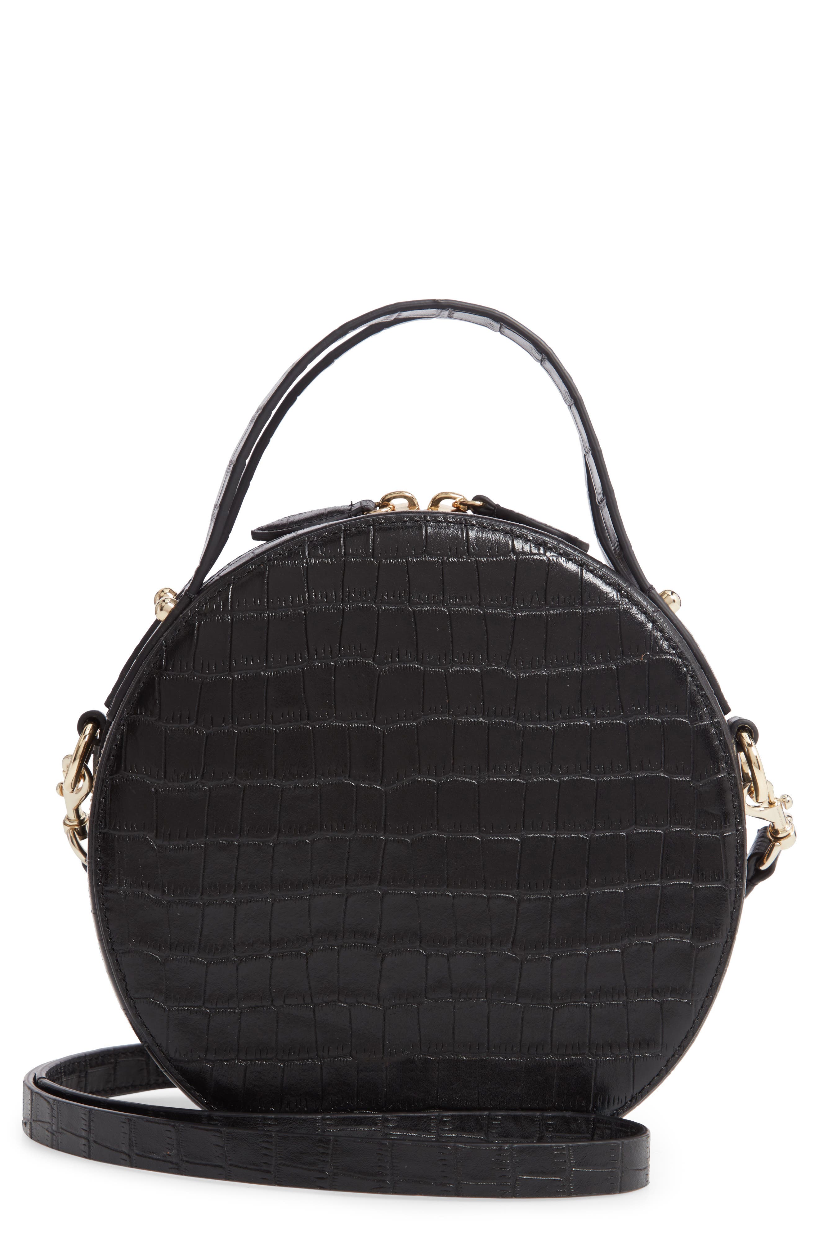 Jody Croc Embossed Leather Circle Crossbody Bag, Main, color, BLACK