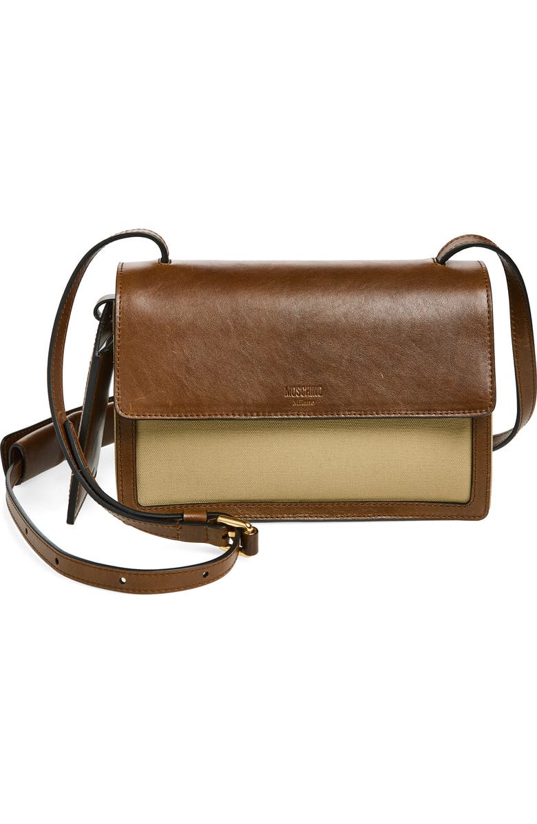 Moschino ID Leather & Canvas Crossbody Bag, Main, color, Natural/ Hide 10A Oo9