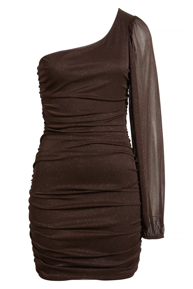 One Shoulder Metallic Ruched Minidress, Alternate, color, CHOCOLATE