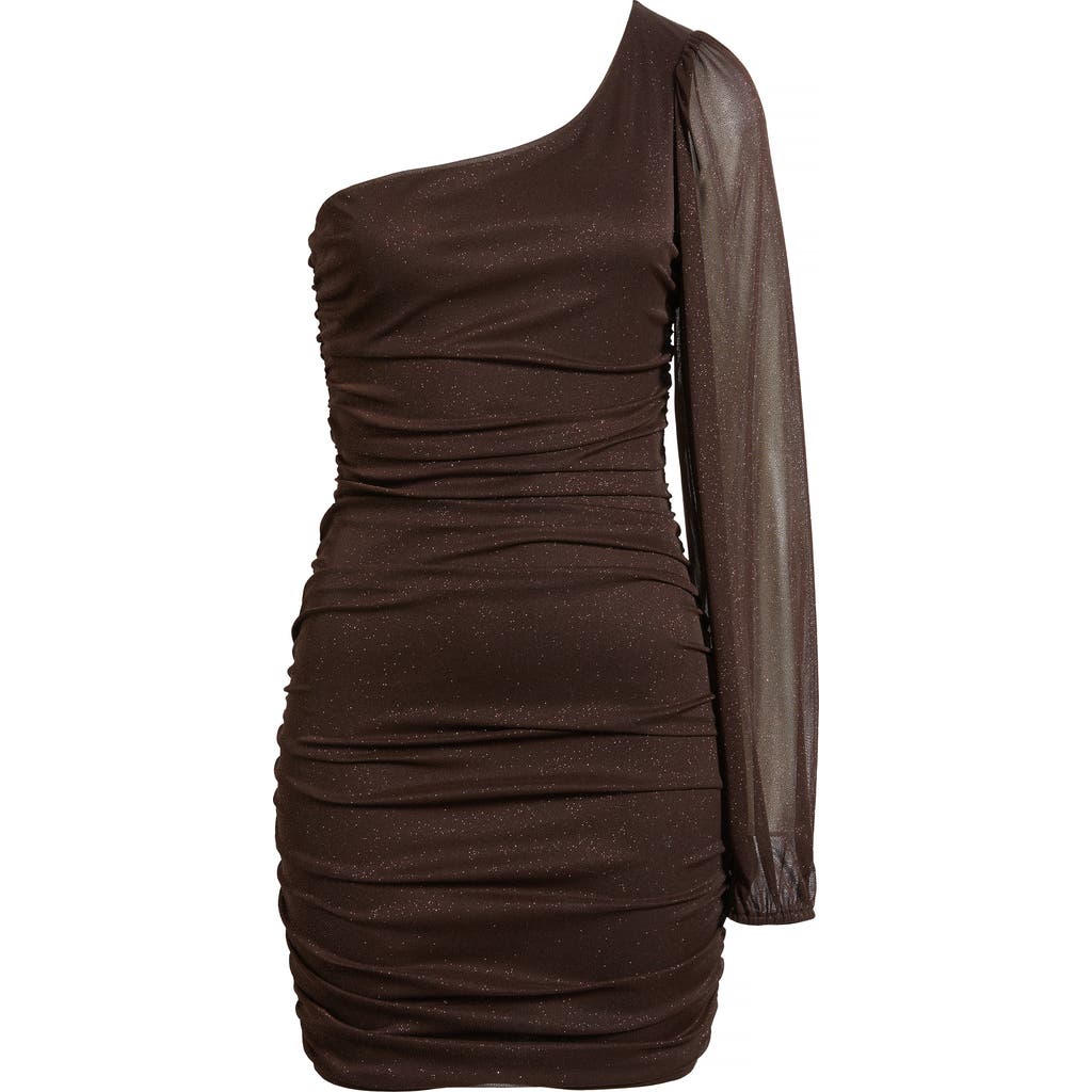 Jump Apparel One Shoulder Metallic Ruched Minidress In Chocolate