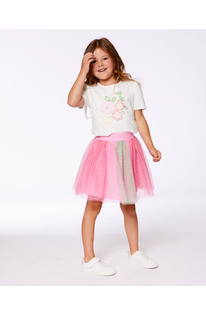 Deux par Deux Girl's Organic Cotton Tee With Puff Sleeve Pink Flower On White Background, Alternate, color,