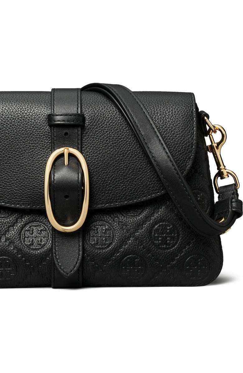 Tory Burch Small T Monogram Soft Pebble Leather Shoulder Bag, Alternate, color, Black