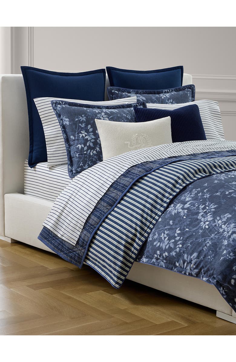 Lauren Ralph Lauren Caterina Floral & Stripe Reversible Cotton Percale Duvet Cover & Sham Set, Alternate, color, Navy