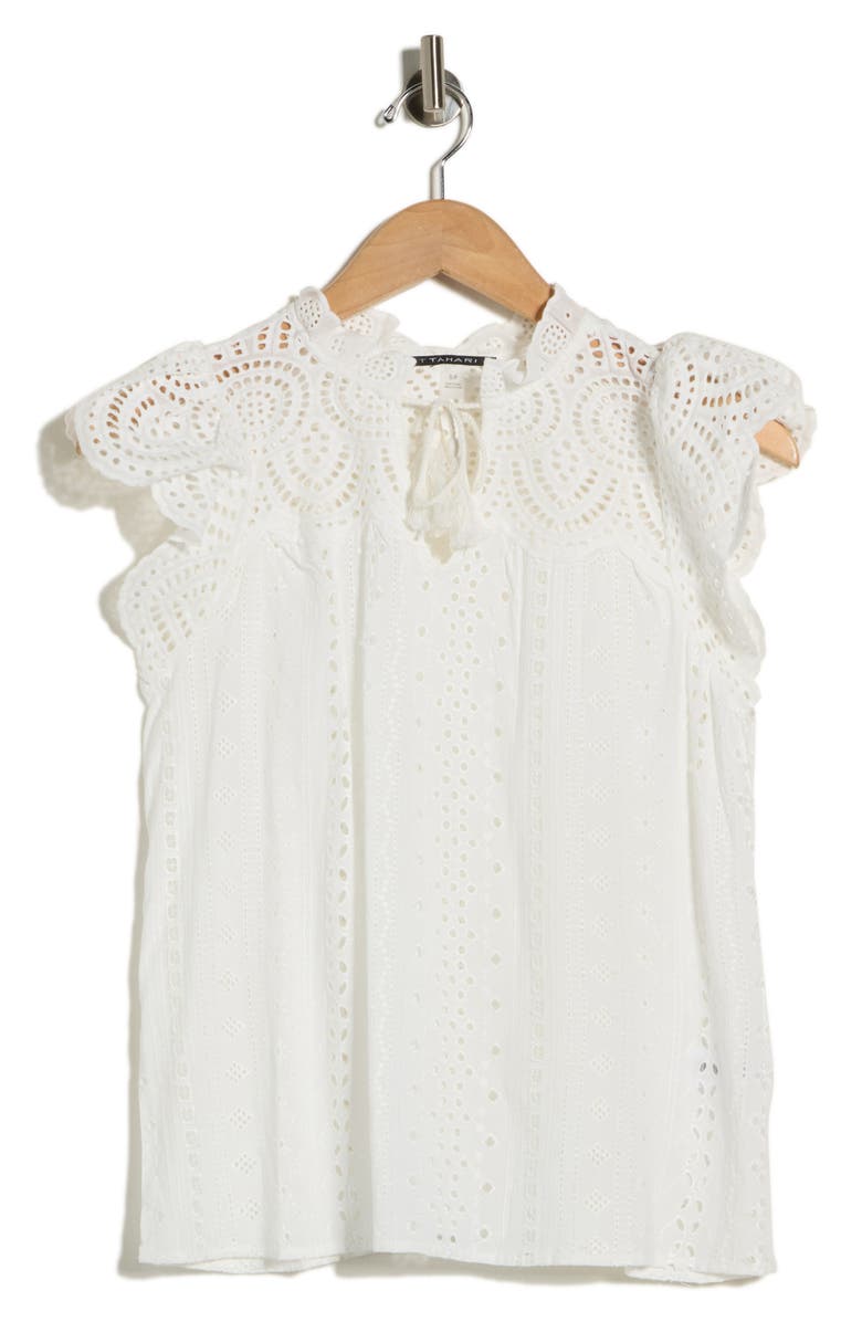 T Tahari Embroidered Eyelet Cap Sleeve Top, Main, color, White