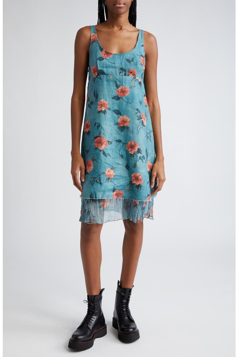 Floral Empire Waist Flounce Hem Raw Edge Linen Slipdress, Main, color, BLUE FLORAL