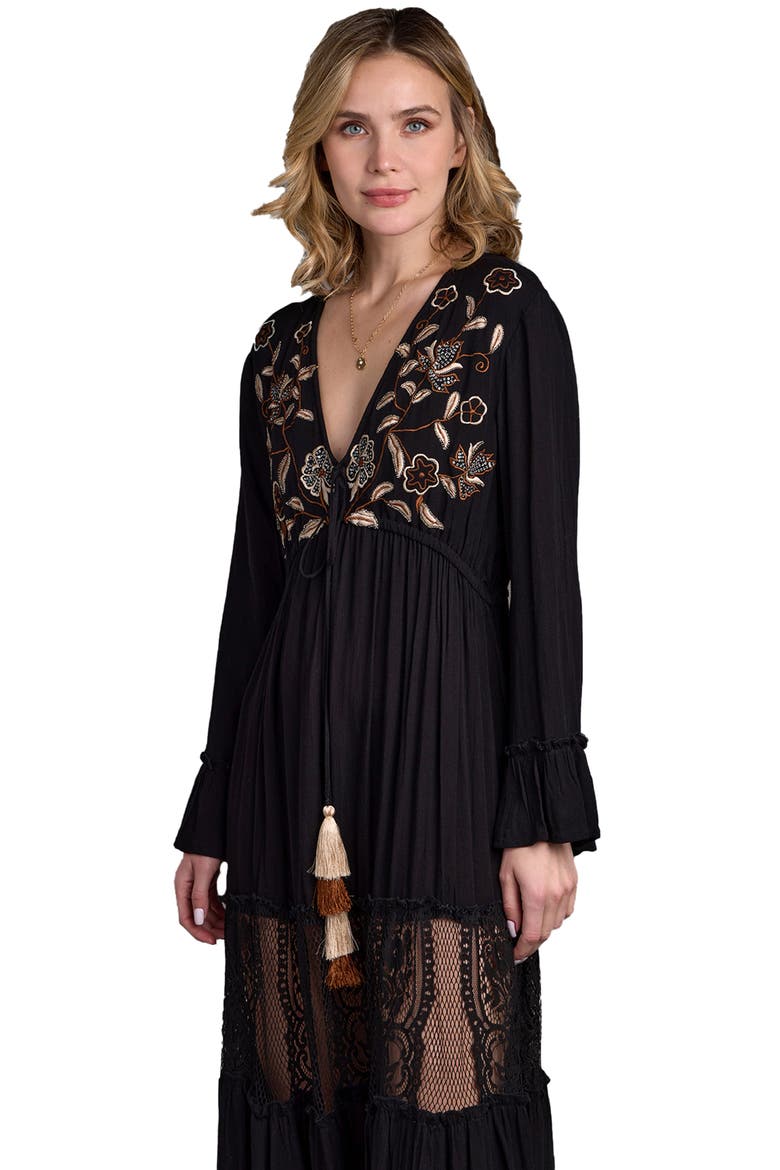 Floral Embroidered Lace Long Sleeve Tiered Caftan, Alternate, color, BLACK
