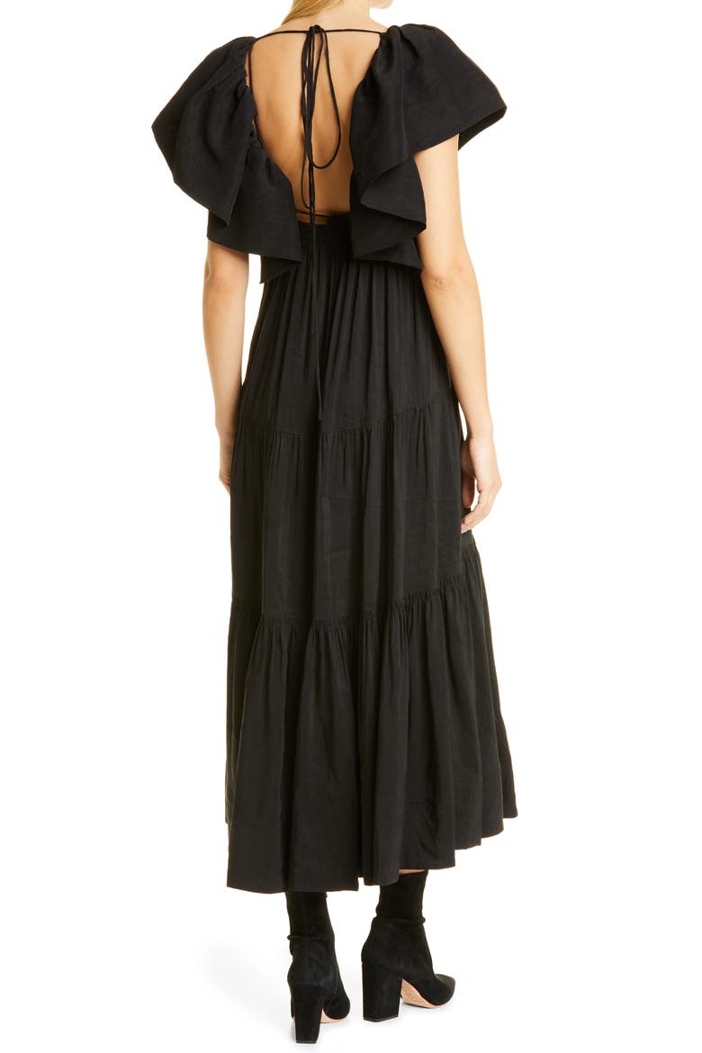 Ruffle Shoulder Open Back Linen Blend Midi Dress, Alternate, color, BLACK