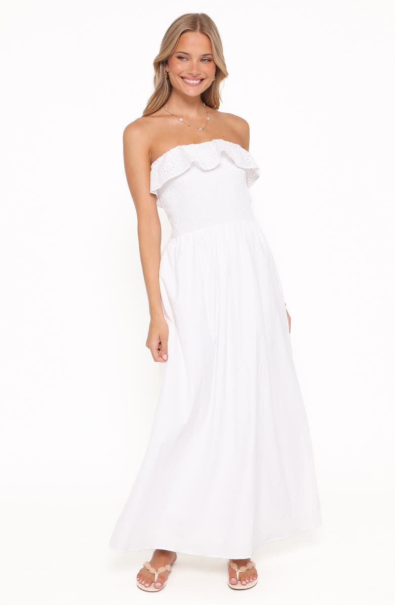 Petal & Pup Gilbert Eyelet Ruffle Strapless Maxi Dress, Alternate, color, White