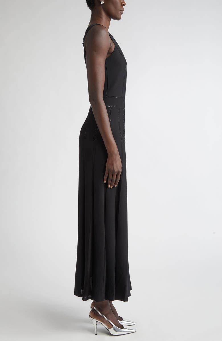 ST. JOHN Crystal Embellished Pleated Piqué Gown, Alternate, color, Black