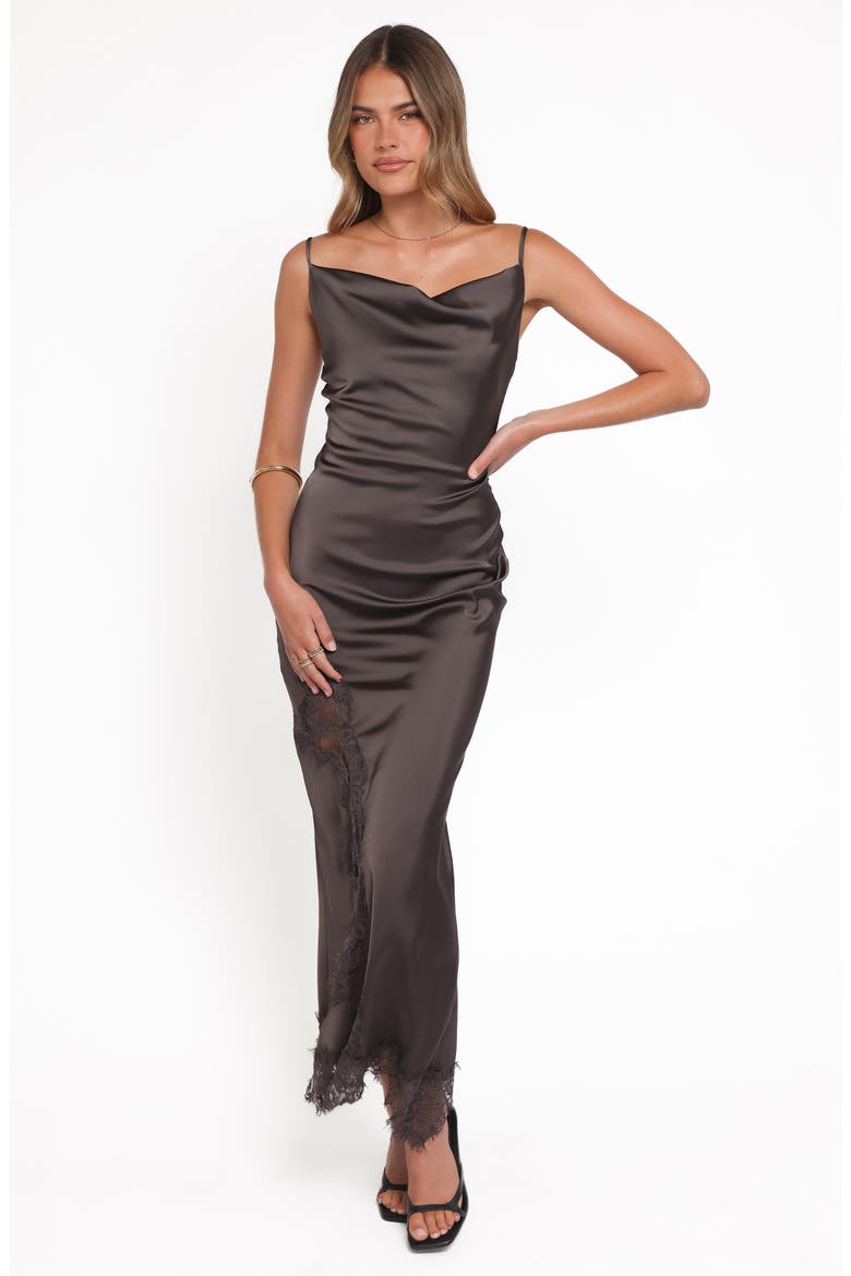 Jeneva Lace Trim Satin Maxi Dress, Alternate, color, BROWN