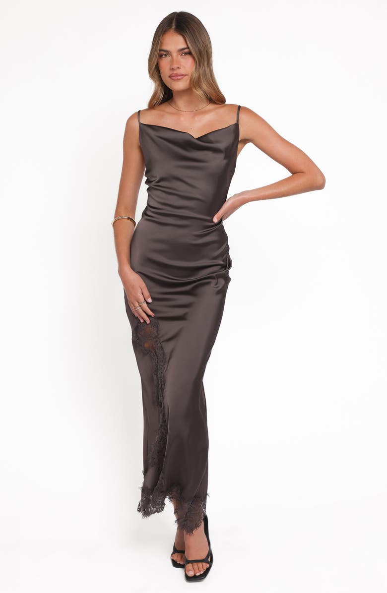 Petal & Pup Jeneva Lace Trim Satin Maxi Dress, Alternate, color, Brown