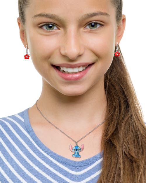 Disney Lilo & Stitch Jewelry Set, Flower Charm Hoop Earrings, 16+3" Necklace In Multi