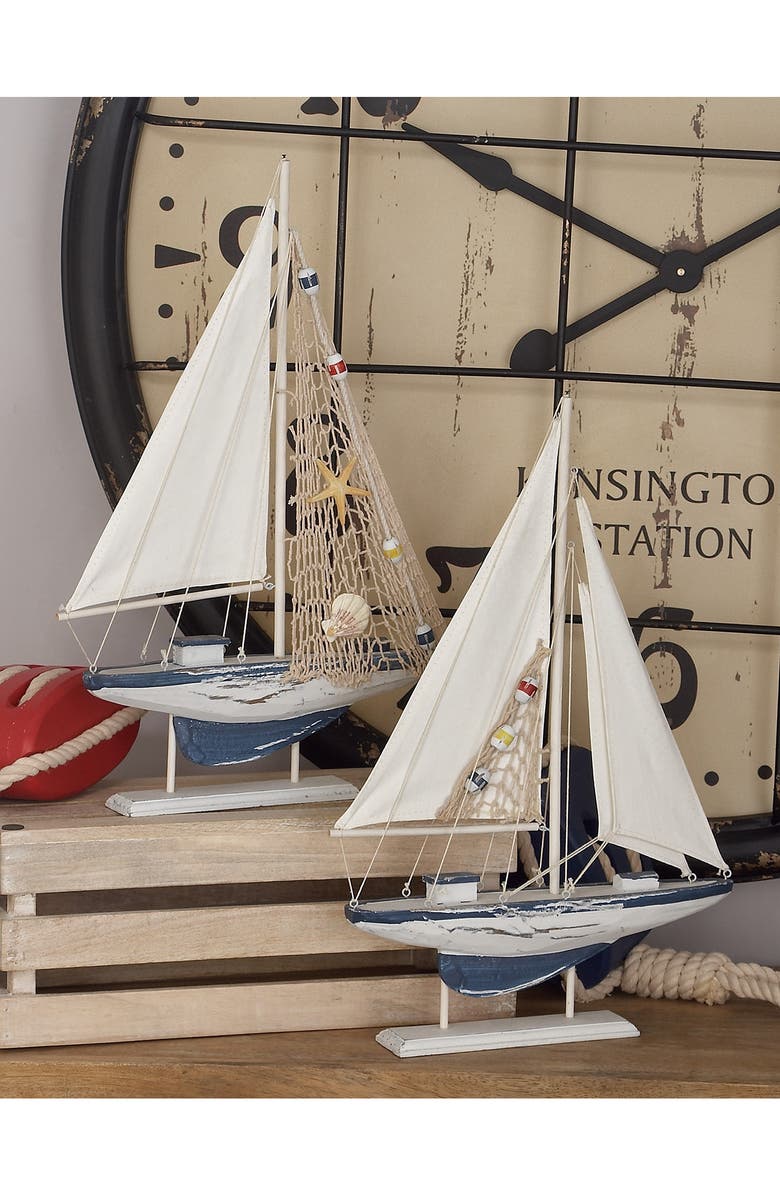 WILLOW ROW White Wood Coastal Sailboat Sculpture - Set of 2, Alternate, color, 