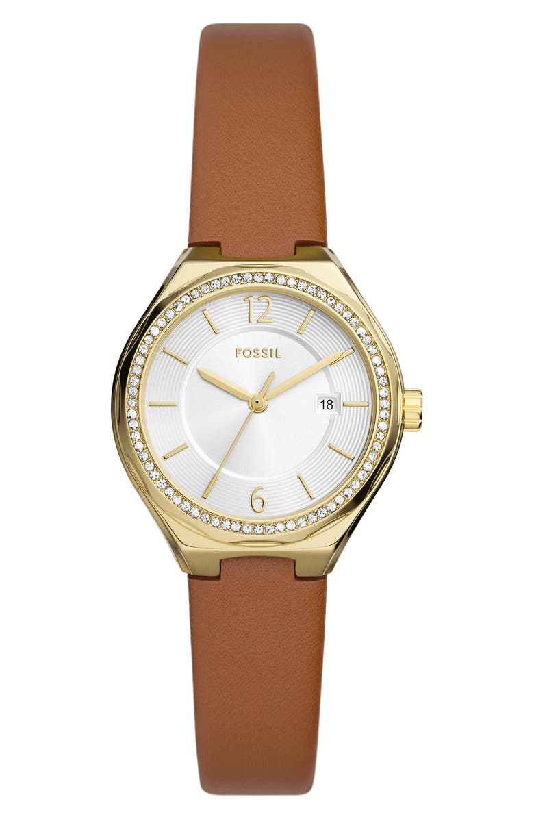 Fossil Eevie Crystal Three-Hand Leather Strap Watch, 30mm, Main, color,