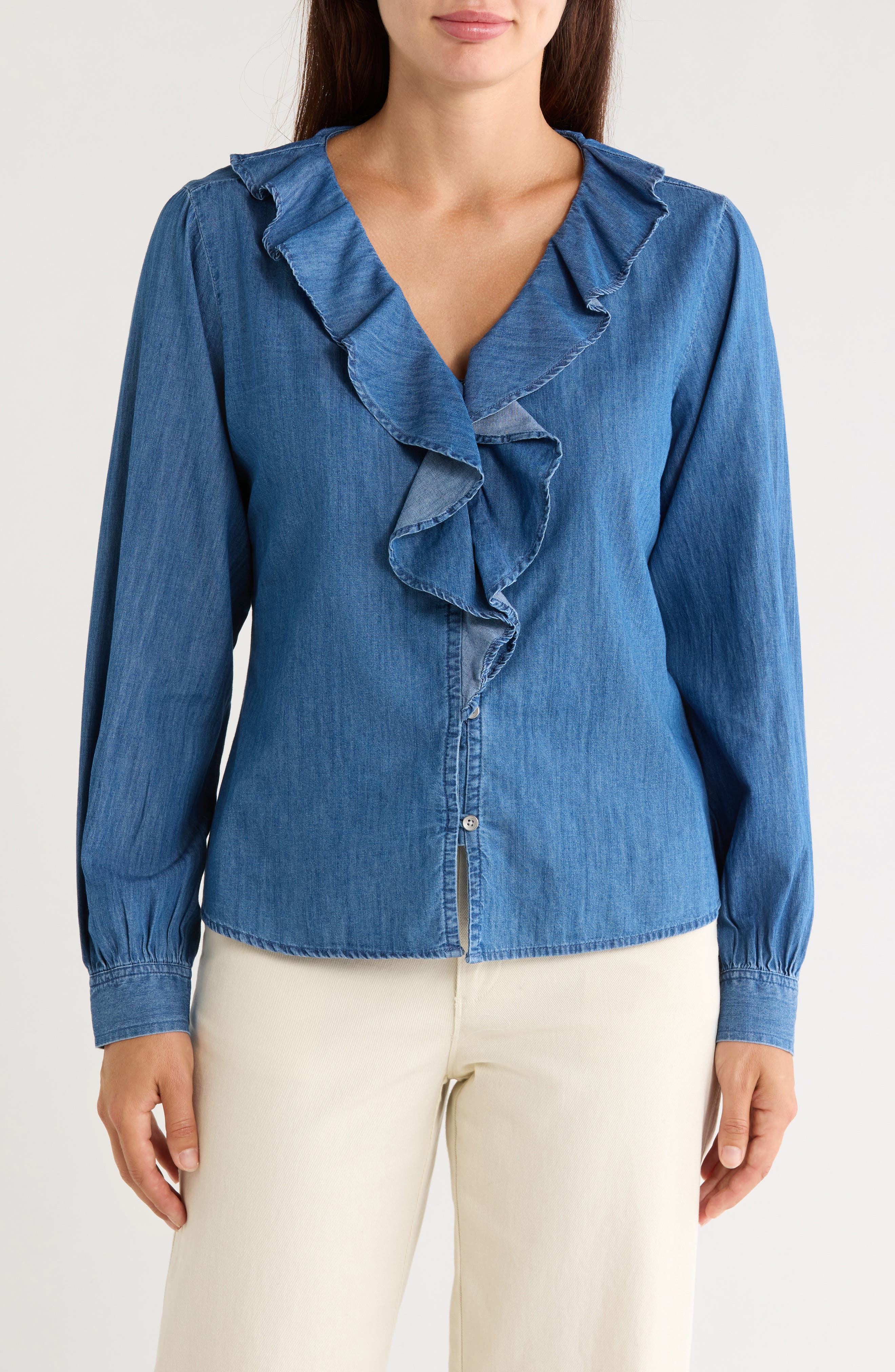 Ruffled Cotton Denim Shirt