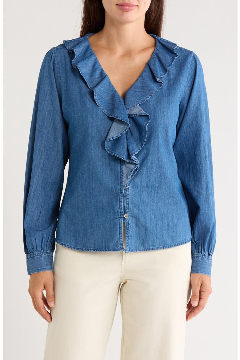 Ruffled Cotton Denim Shirt, Main, color, MEDIUM WASH