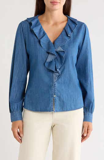 Ruffled Cotton Denim Shirt