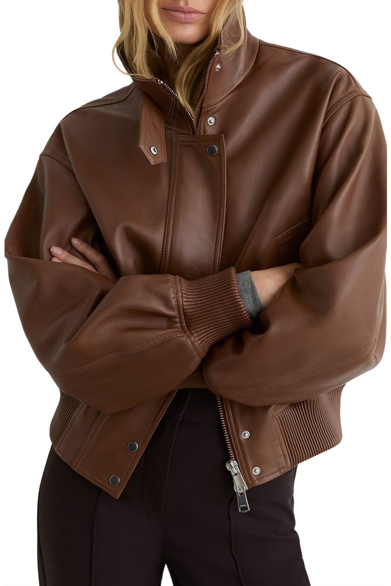 Cara Leather Bomber Jacket, Alternate, color, CHESTNUT BROWN