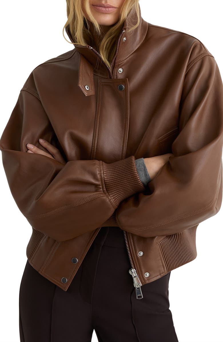 Reiss Cara Leather Bomber Jacket, Alternate, color, Chestnut Brown