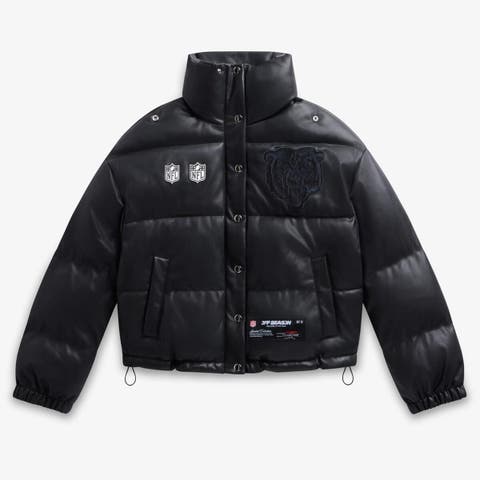 Women's  Black Chicago Bears Faux Leather Puffer Jacket