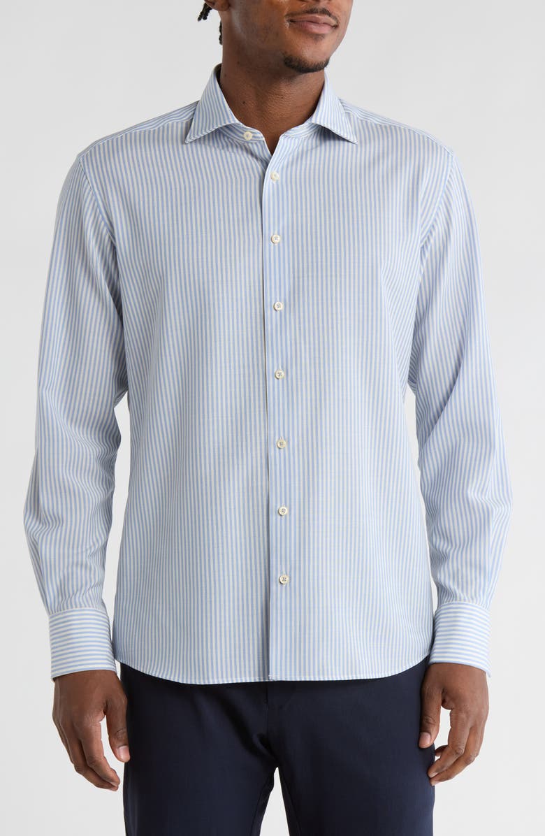 Eterna Modern Fit Merino Wool Stripe Button Front Shirt, Main, color, Light Blue