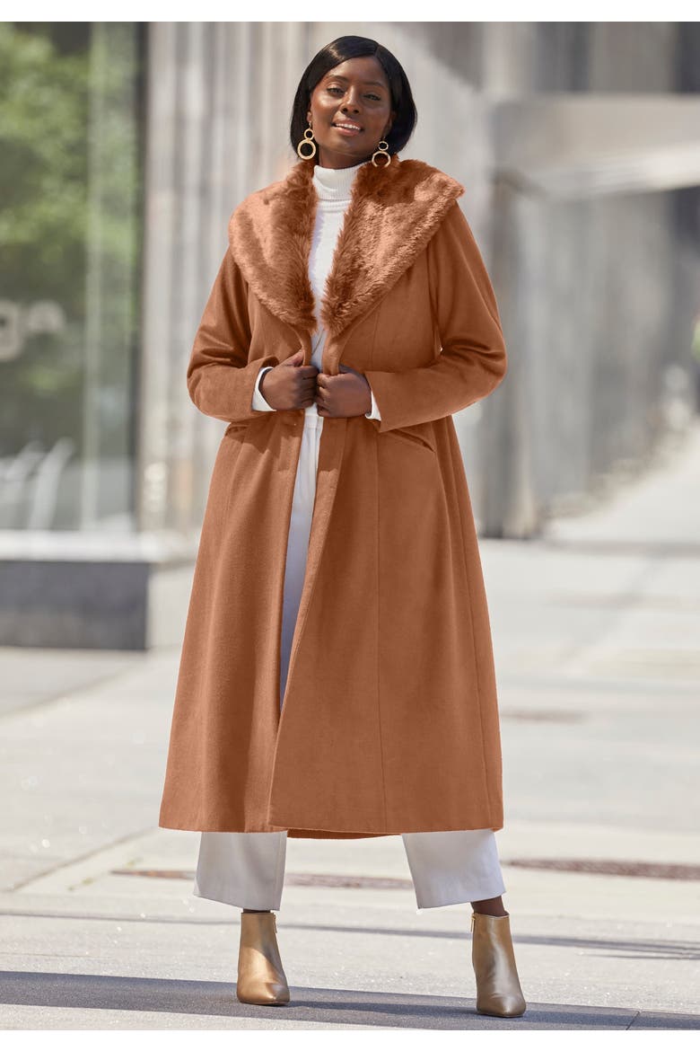 Long Wool Blend Coat With Faux Fur Collar, Alternate, color, IVORY