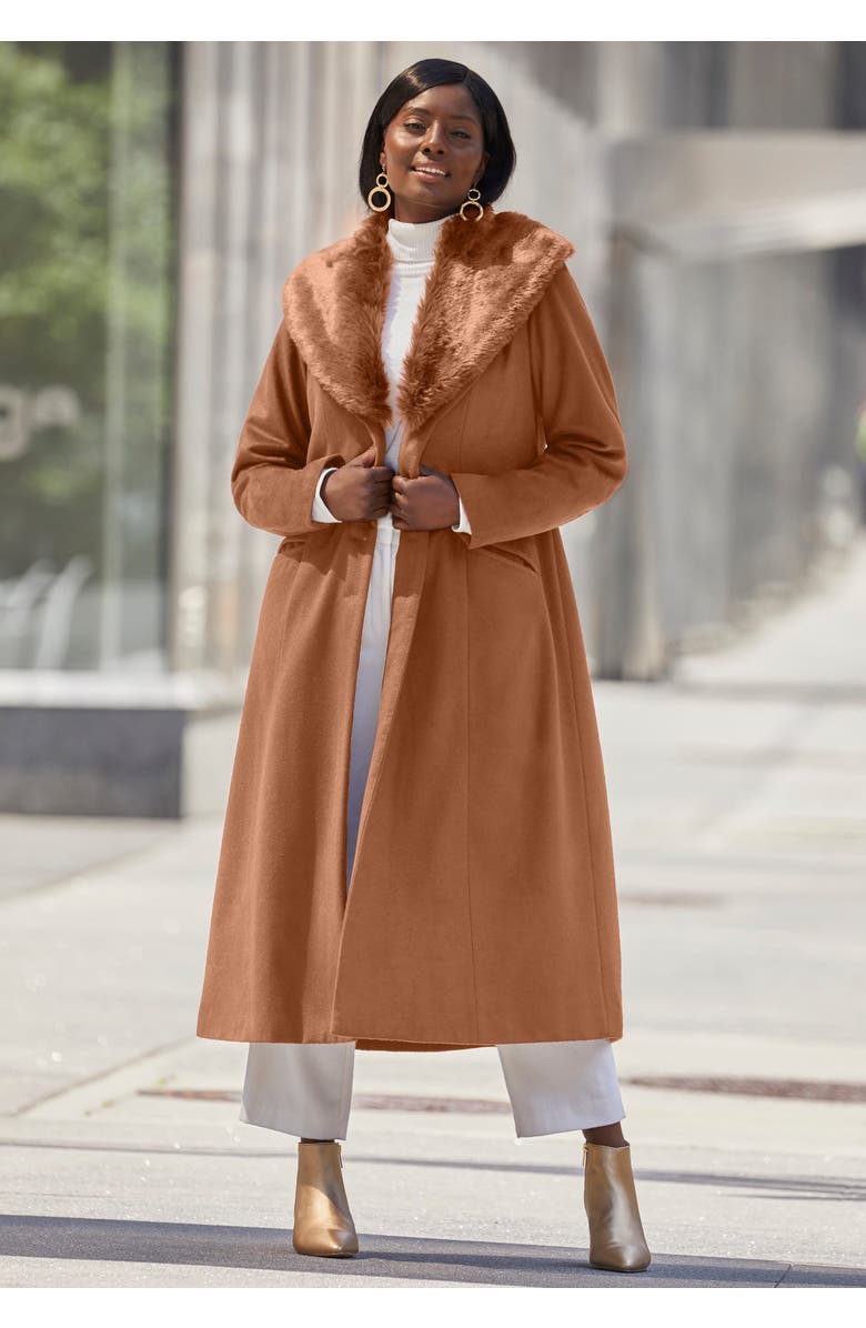 Jessica London Long Wool-Blend Coat with Faux Fur Collar, Alternate, color, Black