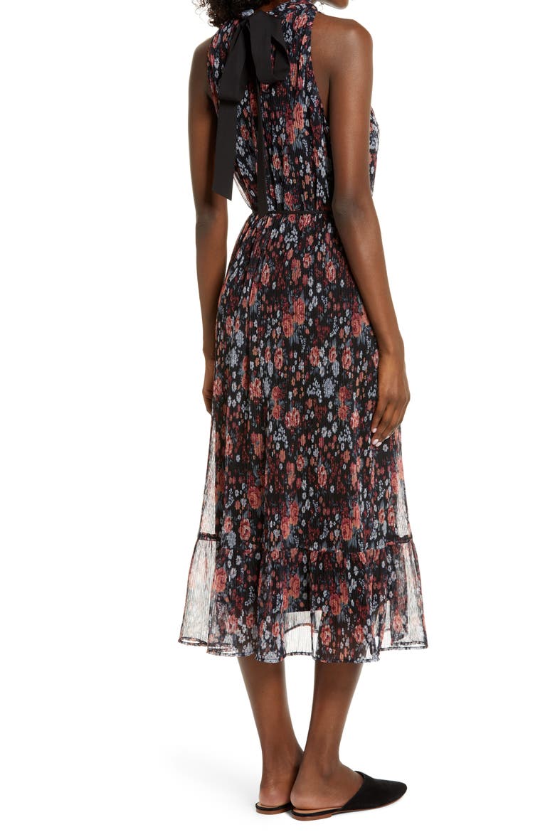 Floral Plissé Midi Dress, Alternate, color, BLACK MULTI