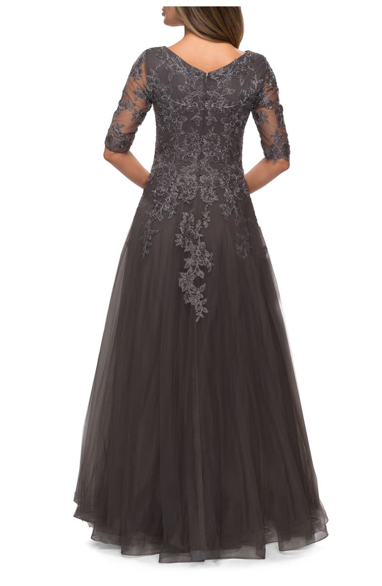 La Femme Long A-line Dress with Lace Bodice and V-neck, Alternate, color, Gunmetal