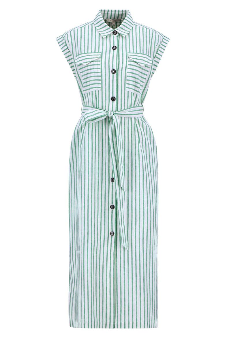 Abby Stripe Belted Cotton & Linen Shirtdress, Alternate, color, KELLY GREEN WHITE STRIPE