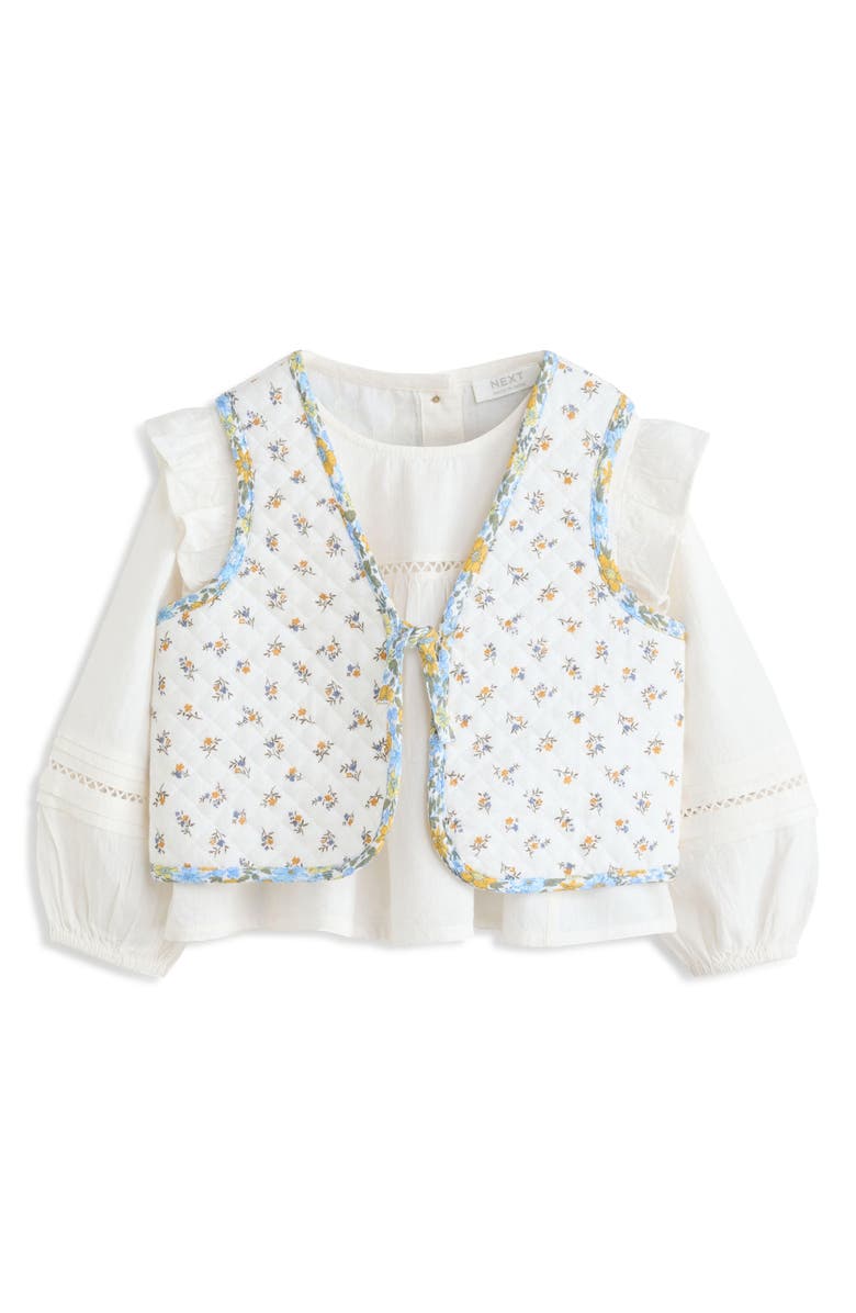 NEXT Kids' Balloon Sleeve Cotton Shirt & Floral Quilted Vest Set, Main, color, 