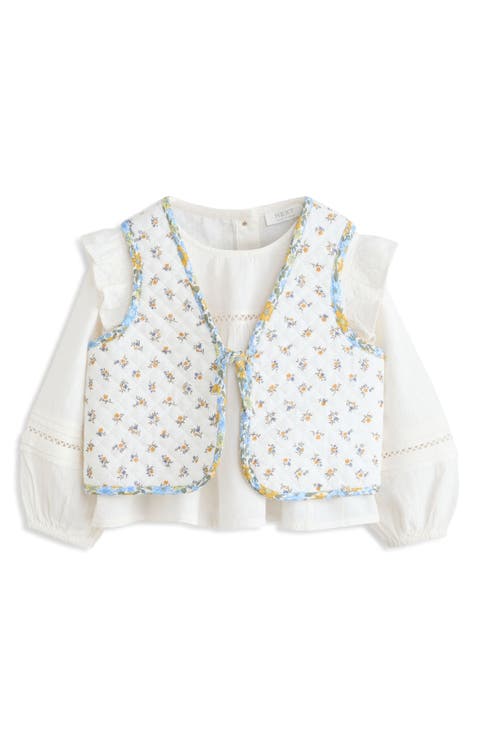 Kids' Balloon Sleeve Cotton Shirt & Floral Quilted Vest Set (Little Kid)