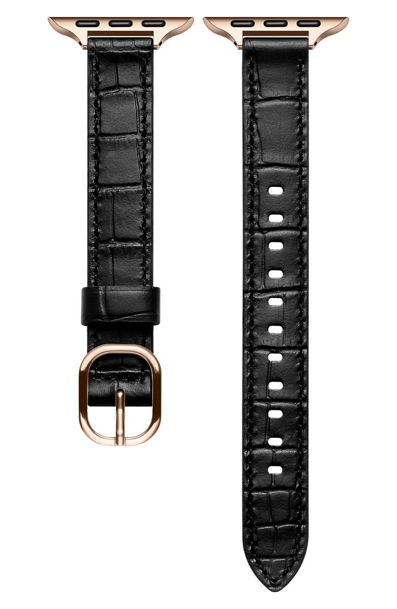 The Posh Tech Carmen Skinny Croc Embossed Leather Apple Watch<sup>®</sup> Watchband, Main, color, Black