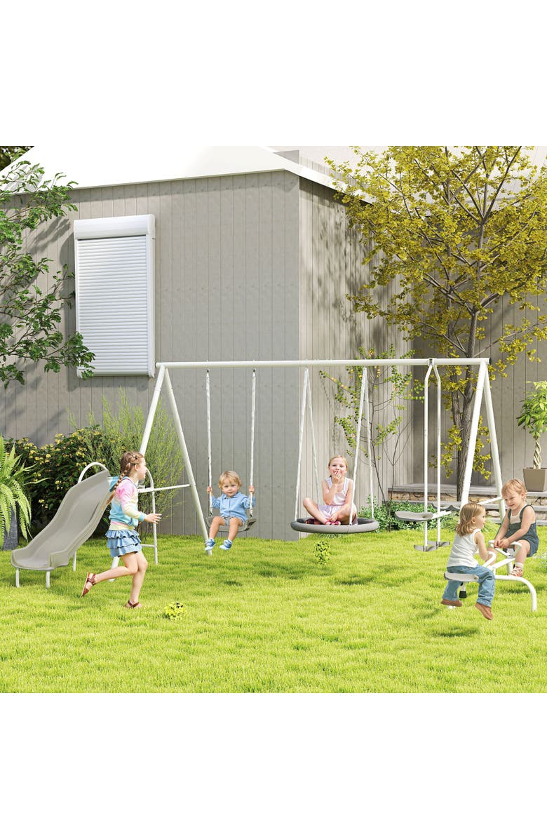 Outsunny 5-in-1 Backyard Swing Set with 29.5" Saucer Swing, Slide, Seesaw, Glider, Swing Seat, Alternate, color, 