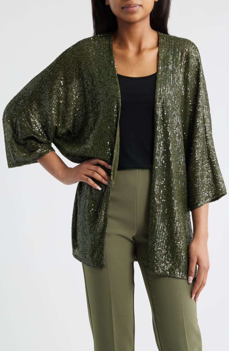 Anne Klein Sequin Draped Open Front Cardigan, Main, color, 