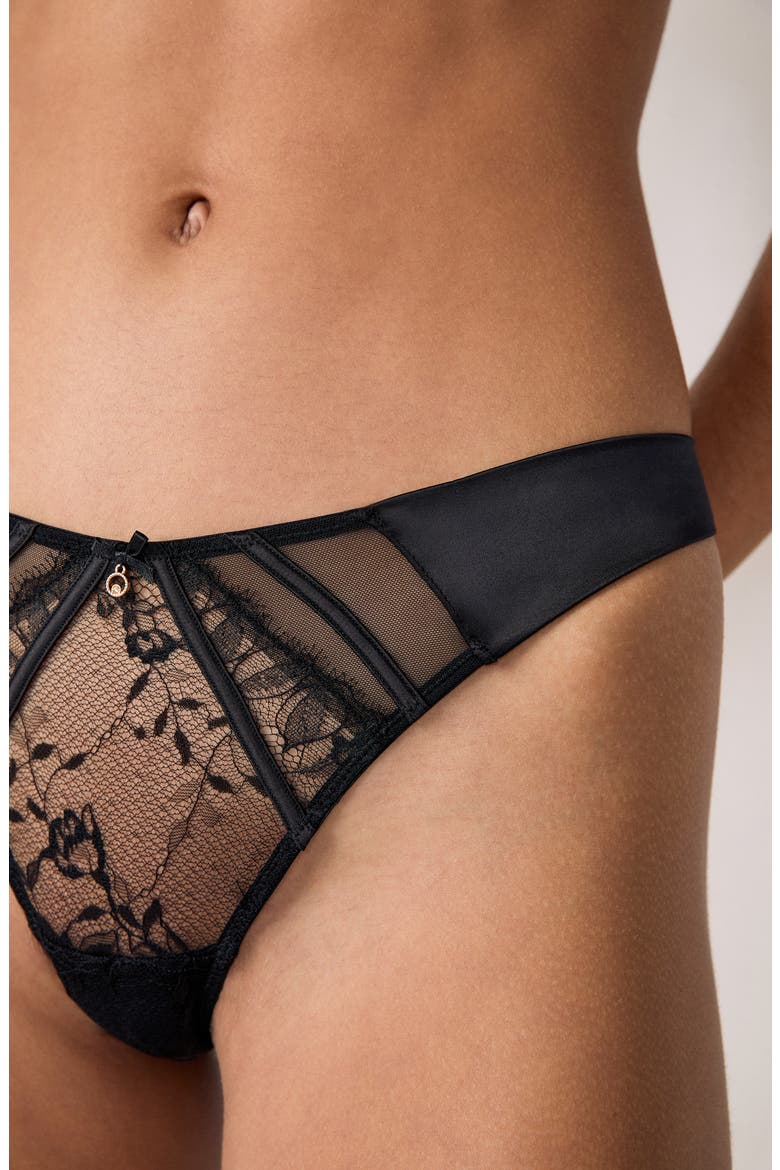 Mascarade Tulle & Satin Thong, Alternate, color, BLACK