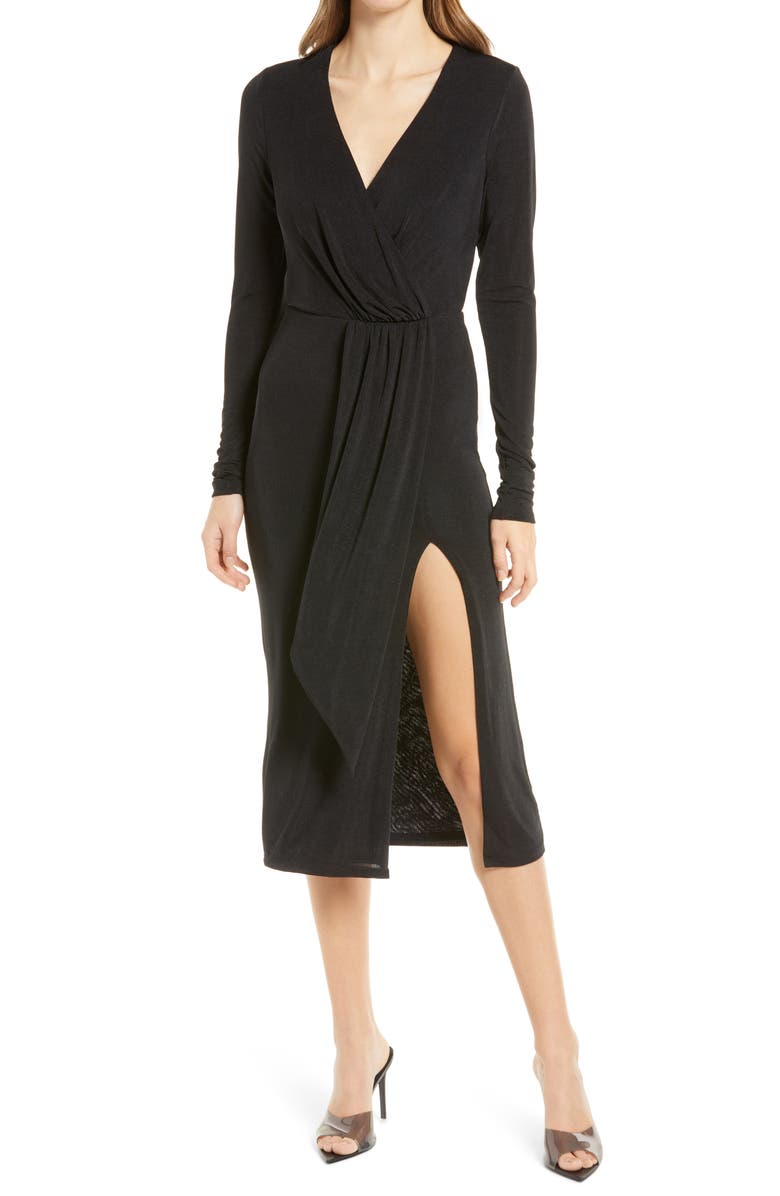 Good American Shimmer Long Sleeve Faux Wrap Dress, Main, color, 