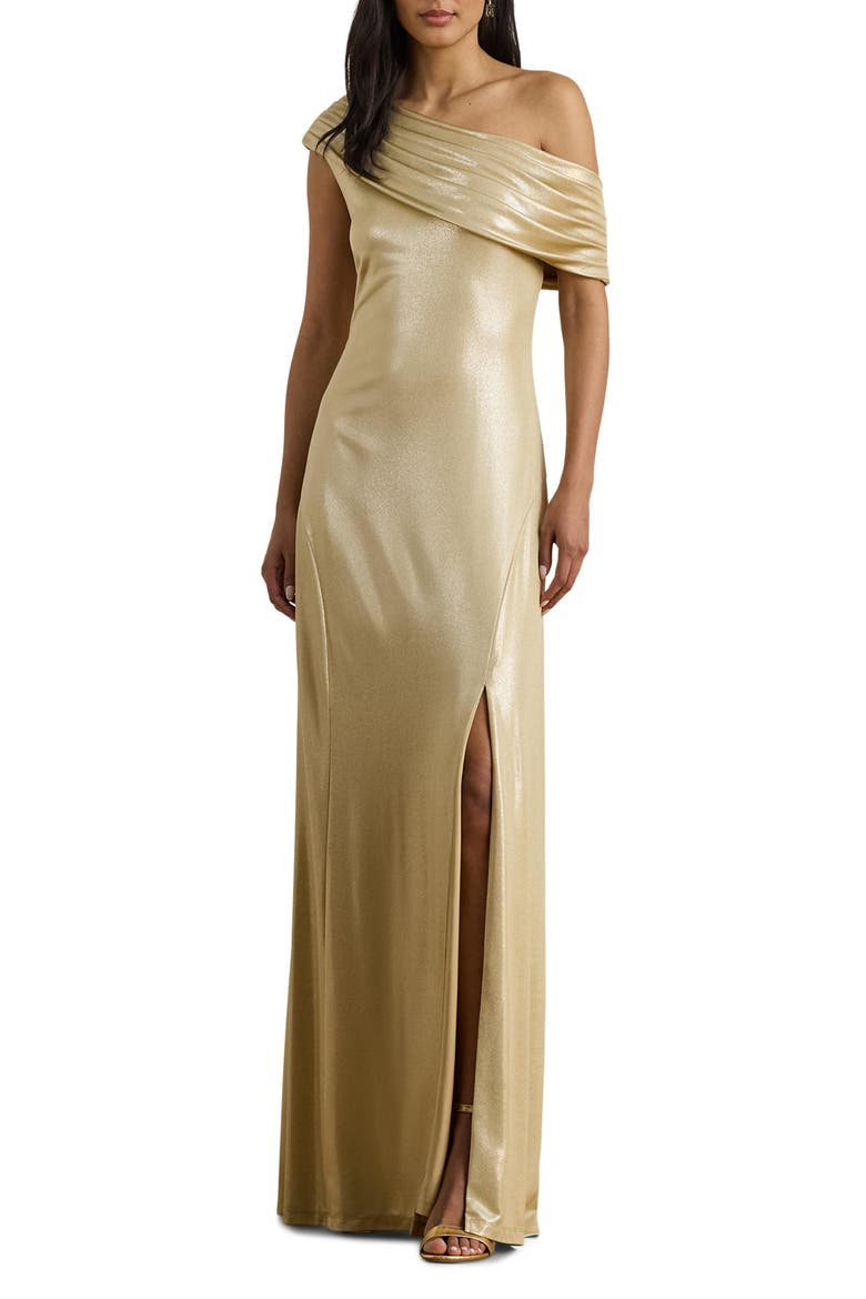 One-Shoulder Metallic Jersey Gown, Main, color, BIRCH BEIGE FOIL