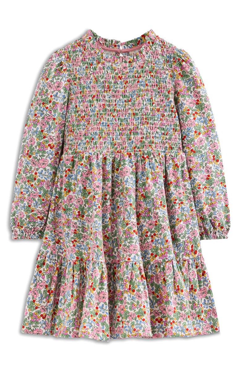 Mini Boden Kids' Floral Long Sleeve Smocked Bodice Cotton Jersey Dress, Main, color, Ivory Berry Floral