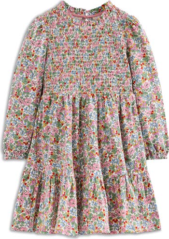 Kids' Floral Long Sleeve Smocked Bodice Cotton Jersey Dress