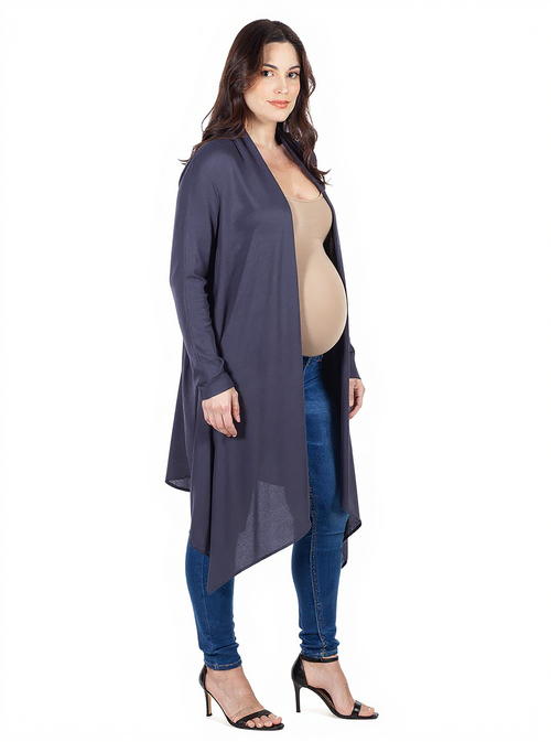24seven Comfort Apparel Extra Long Open Front Maternity Cardigan In Gray