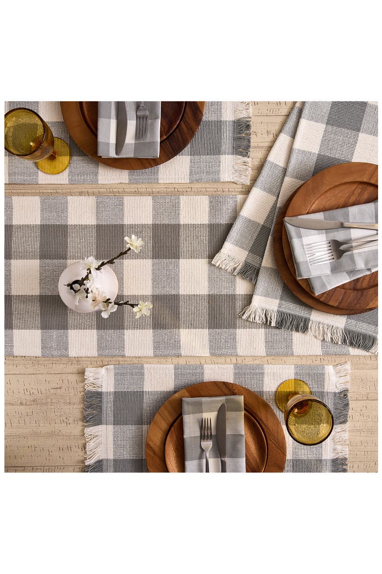 Checkered Fringe Cotton Table Runner, Alternate, color, GRAY