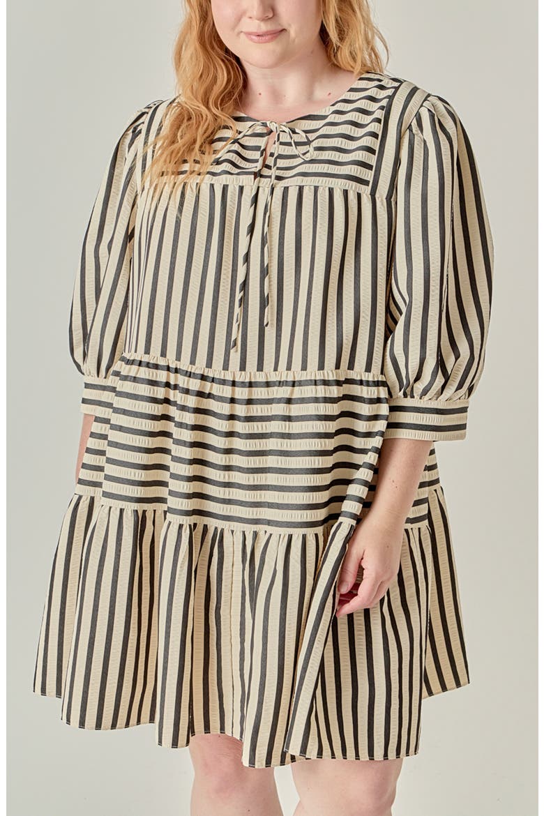 Striped Tiered Minidress, Alternate, color, BEIGE/ BLACK