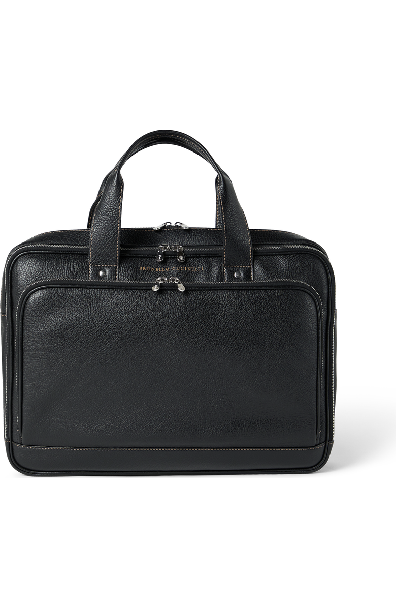 Brunello Cucinelli Grained calfskin briefcase with zipper, Main, color, Black
