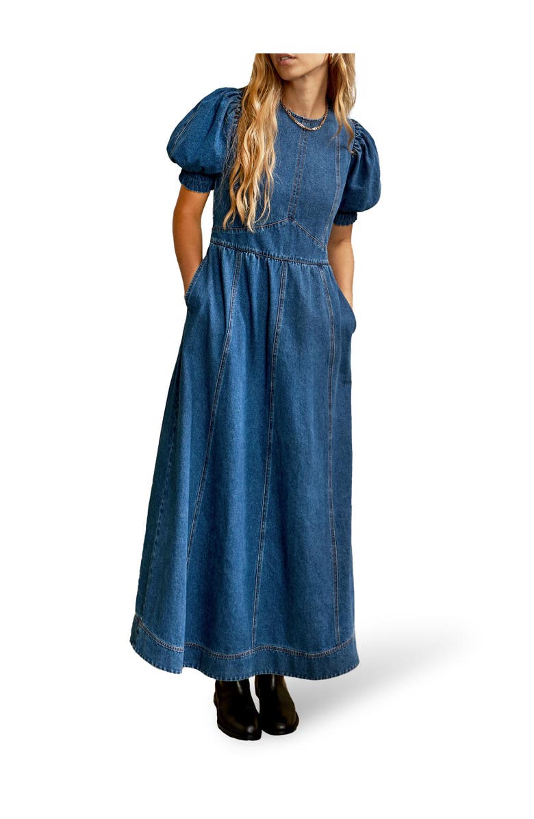 Ro&Zo Denim Short Puff Sleeve Midi Dress, Alternate, color, Blue