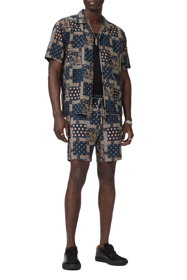 Daryl Patchwork Linen Drawstring Shorts, Alternate, color, DEEP BLUE