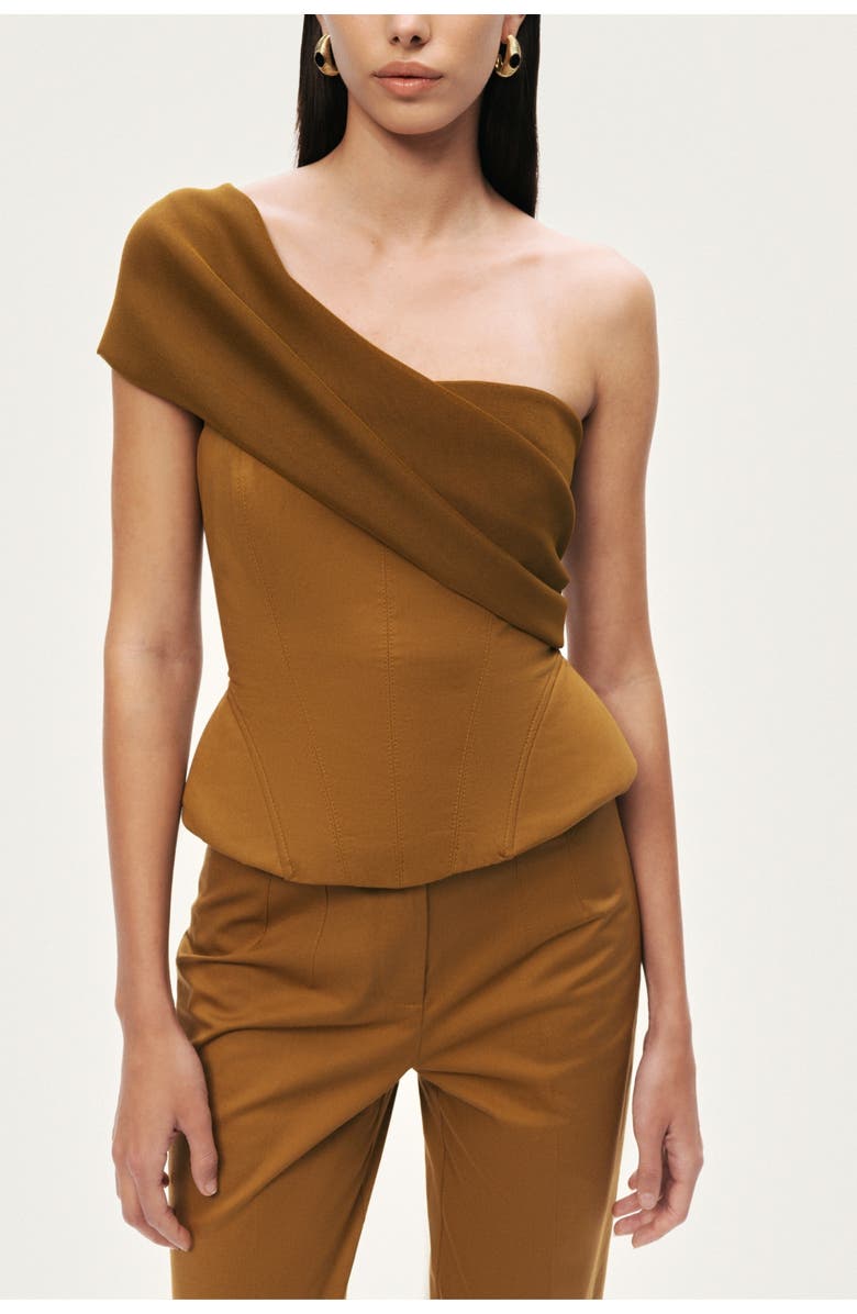 Nocturne One-Shoulder Draped Gabardine Bustier, Main, color, Camel
