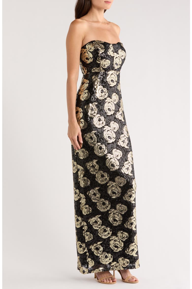Floral Sequin Strapless Gown, Alternate, color, RICH BLACK
