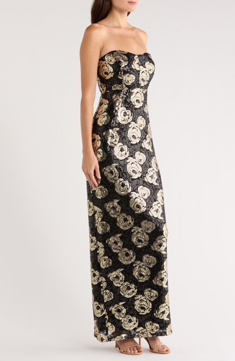 CeCe Floral Sequin Strapless Gown, Alternate, color, Rich Black