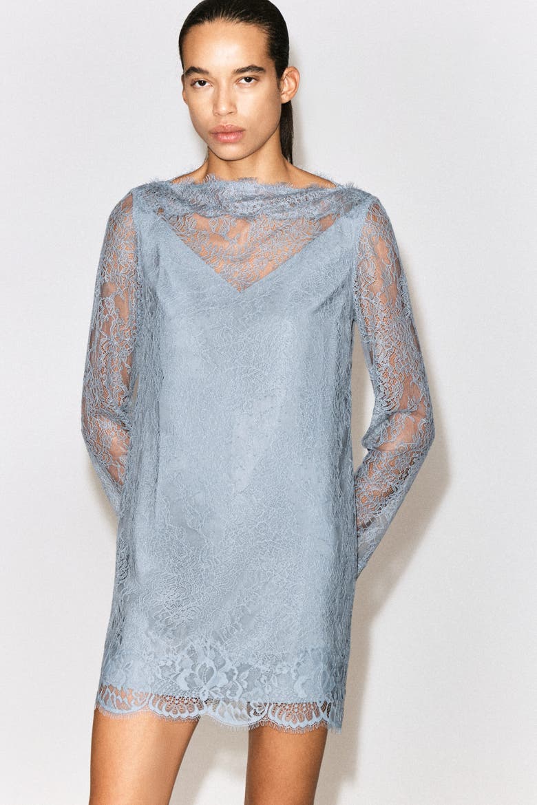 Boat-Neck Lace Mini Dress, Alternate, color, LIGHT BLUE